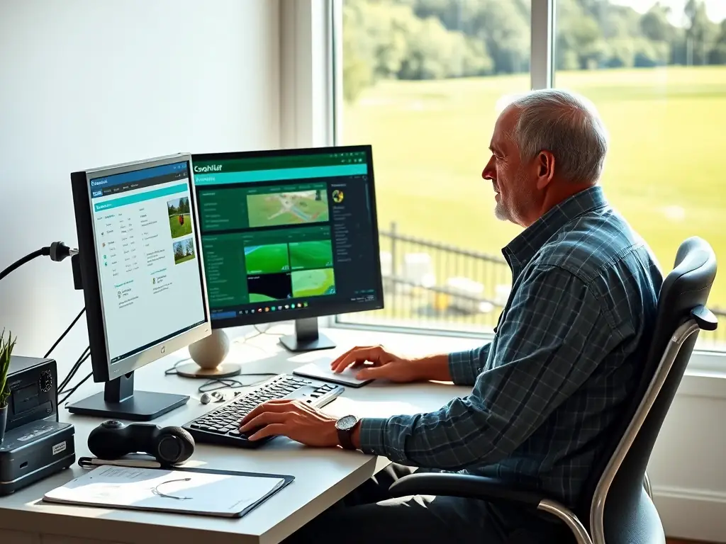 A golf course superintendent using Cogniturf's software on a desktop computer, showcasing the comprehensive features of the Premium Package.