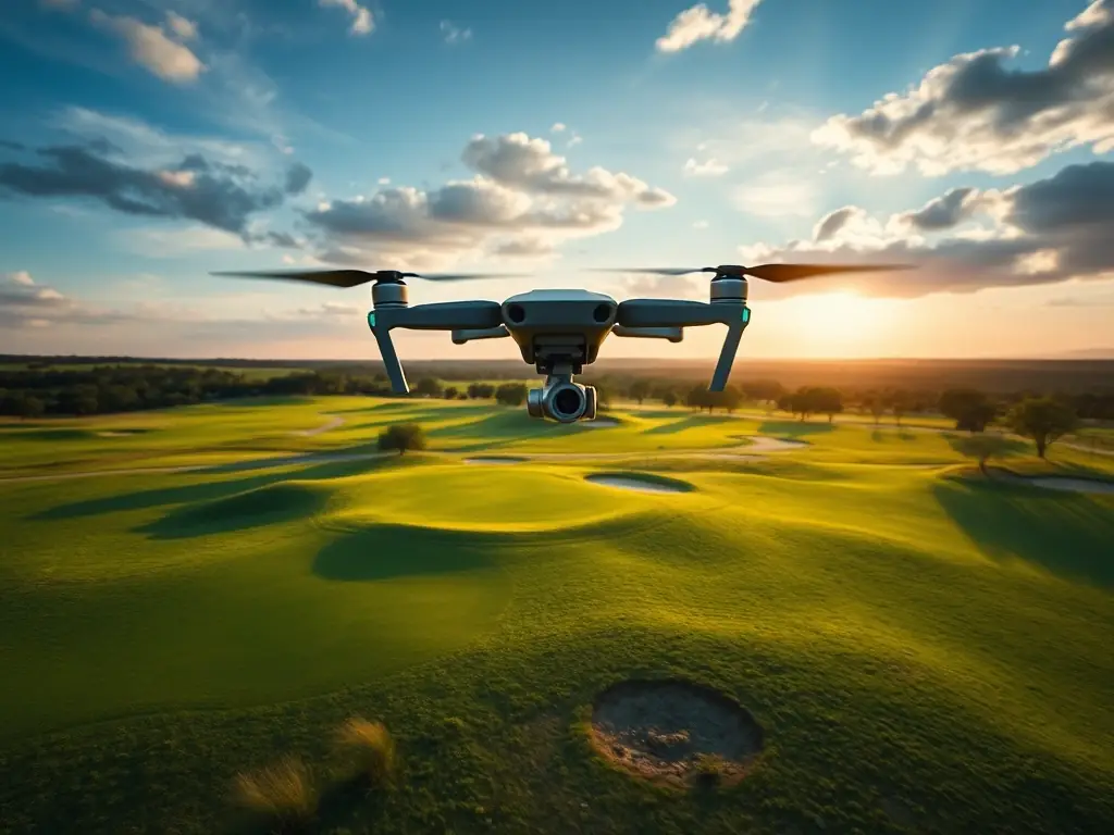 A drone flying over a golf course, capturing multispectral imagery for advanced turf analysis, highlighting the capabilities of the Advanced Package.